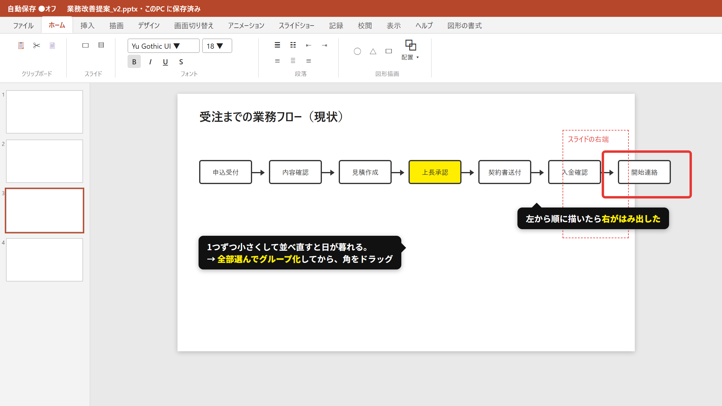 左から順に描いたら右がはみ出した業務フロー図