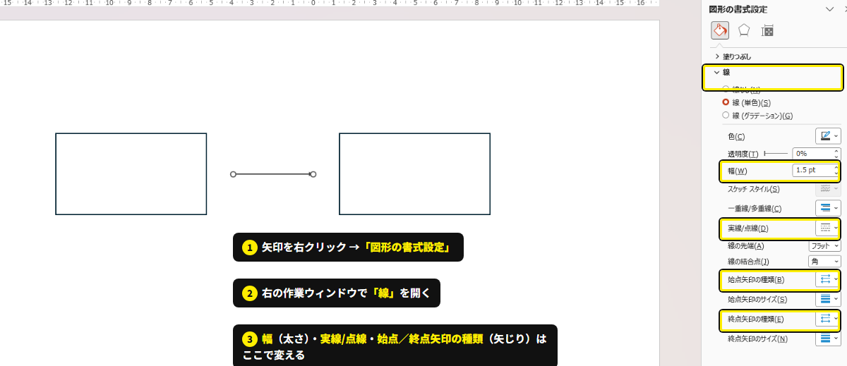 図形の書式設定 → 線。幅・実線/点線・始点矢印・終点矢印の種類はここで変える