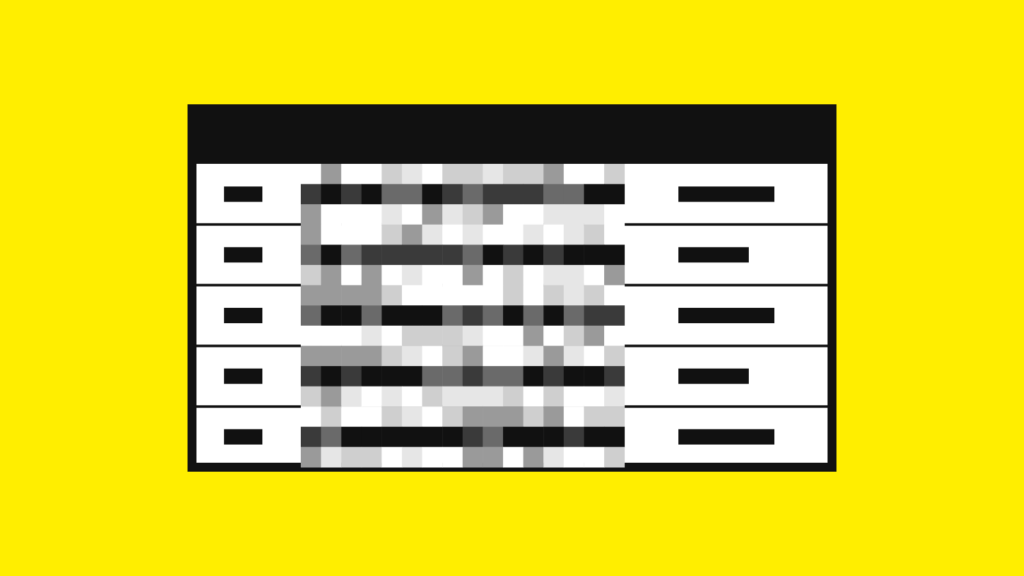 一覧表の一部がモザイクのドットになっているイメージ